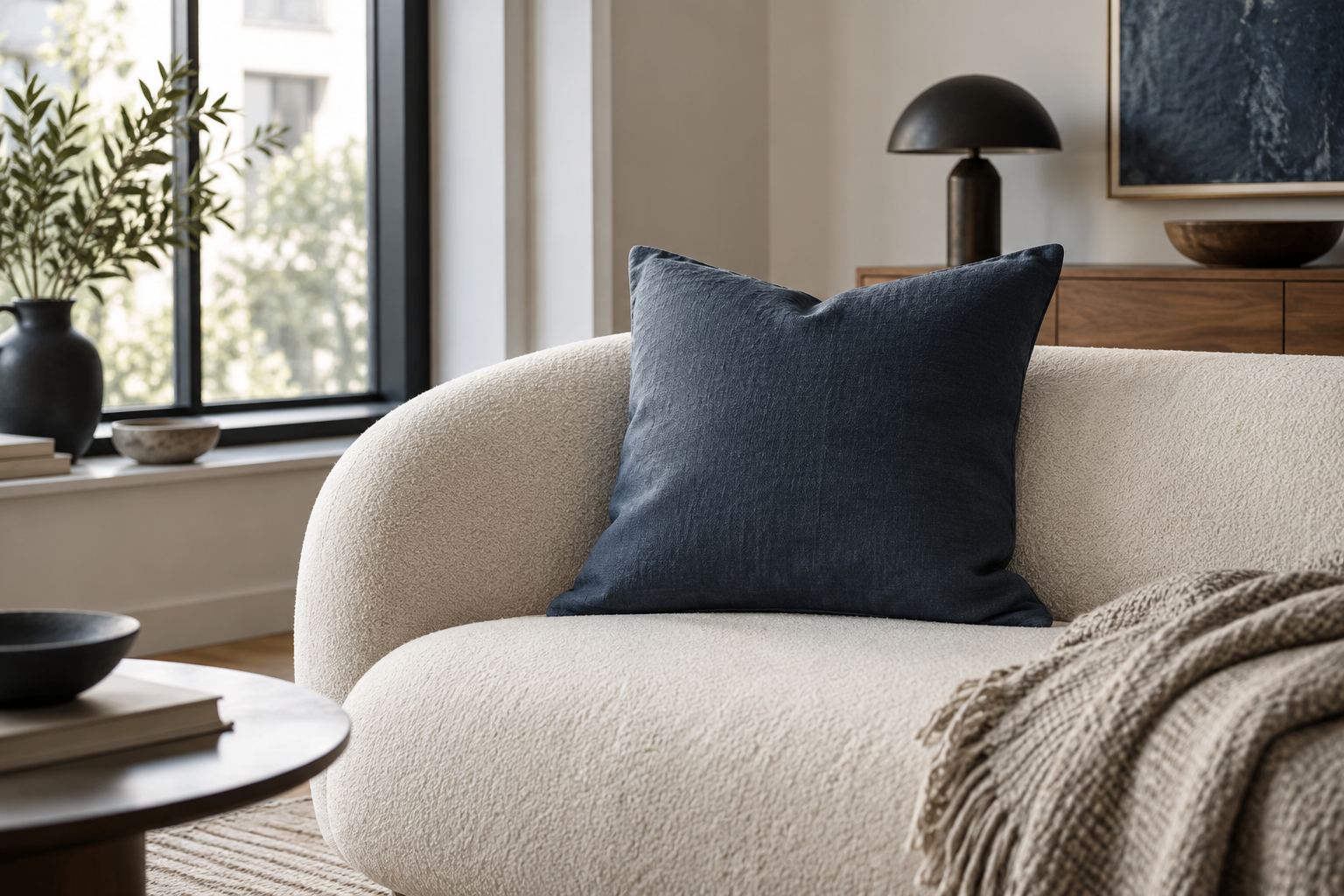 Illustrative blue cushion on a cream sofa in a bright living room